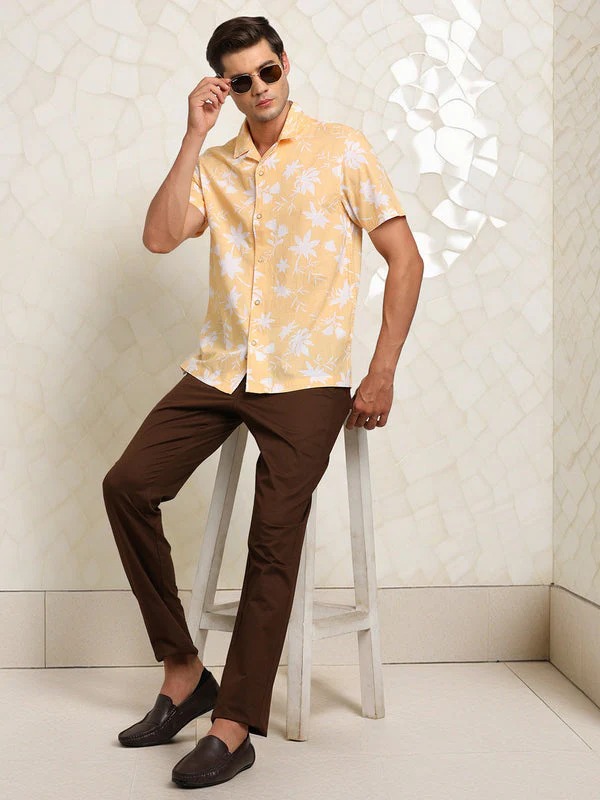Indian Terrain Men's Slim Fit Half Sleeve Tropical Print Yellow Shirt